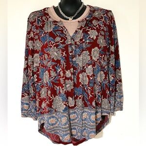 Lucky Brand XL Floral Henley Peasant Blouse Top Red Blue